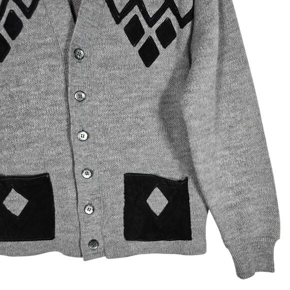 Vintage 60s Mens Medium Leather Diamond Applique Cardigan Sweater Gray Mod - Picture 6 of 9